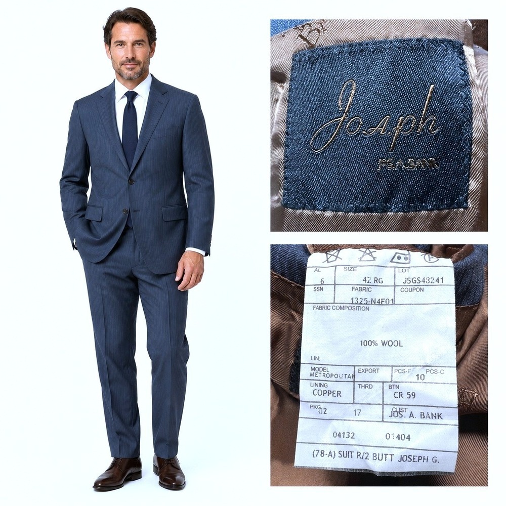 Jos A Bank Suit Mens 42R Slate Blue Joseph Metropolitan Slim Fit Wool Pinstripe